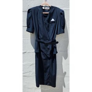 Vintage 80s Dress Womens 14 Black Belted Midi Blazer Puff Sleeve Boxy Retro Boss